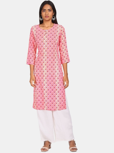 

Karigari Women Pink Floral Printed Keyhole Neck Three Quarter Sleeve viscose Rayon Kurta