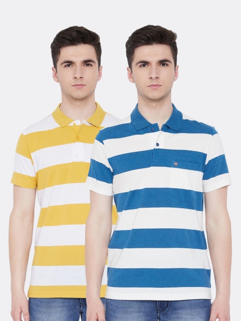 

Duke Men White & Yellow White & Blue 2 Pack Striped Polo Collar Slim Fit T-shirt