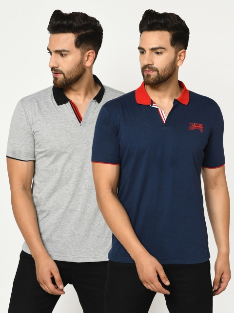 

Duke Men Grey & Navy Blue 2 Polo Collar Slim Fit T-shirt