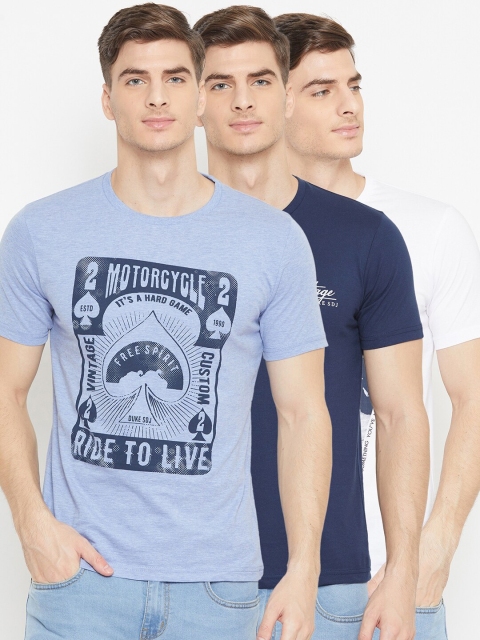 

Duke Men Set Of 3 Blue & White Typography Printed Slim Fit T-shirt