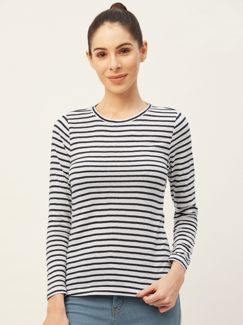 

PIRKO Women White & Navy Blue Striped Pure Cotton T-shirt