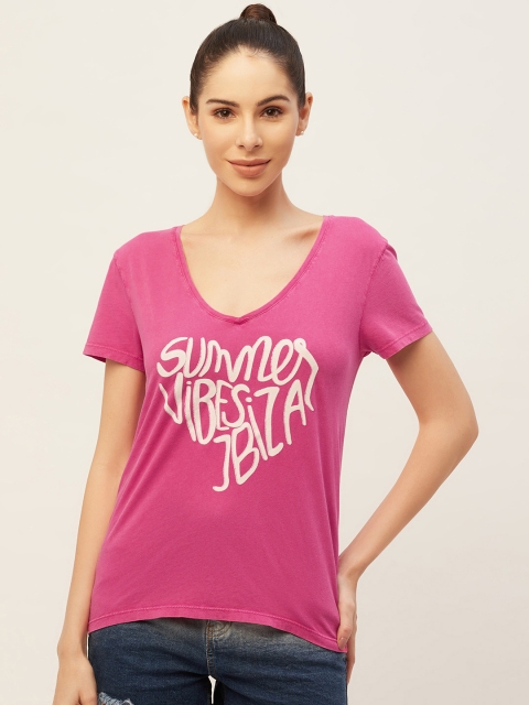 

PIRKO Women Pink Typography Printed V-Neck Pure Cotton T-shirt