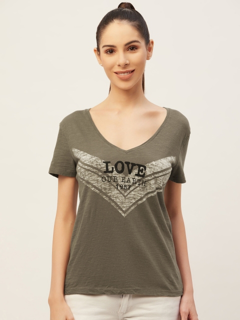 

PIRKO Women Olive Green Typography Printed V-Neck Pure Cotton T-shirt