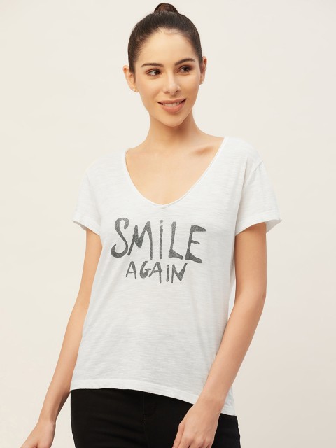 

PIRKO Women White Typography Printed V-Neck Pure Cotton T-shirt