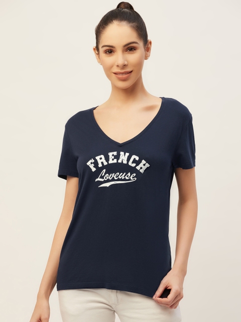 

PIRKO Women Navy Blue Typography Printed V-Neck Pure Cotton T-shirt