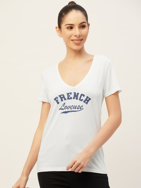 

PIRKO Women White Typography Printed V-Neck Pure Cotton T-shirt