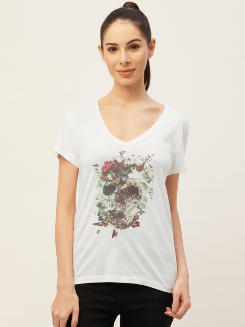 

PIRKO Women White Printed V-Neck Pure Cotton T-shirt