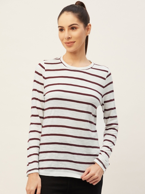 

PIRKO Women White & Maroon Striped Pure Cotton T-shirt