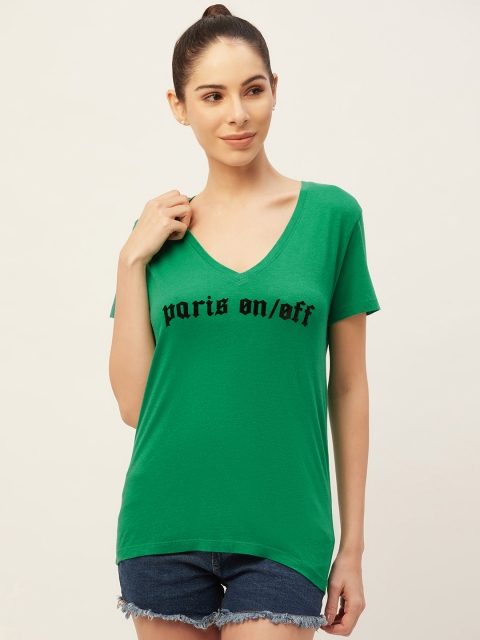 

PIRKO Women Green Typography Printed V-Neck Pure Cotton T-shirt