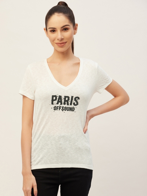 

PIRKO Women White Typography Printed V-Neck Pure Cotton T-shirt