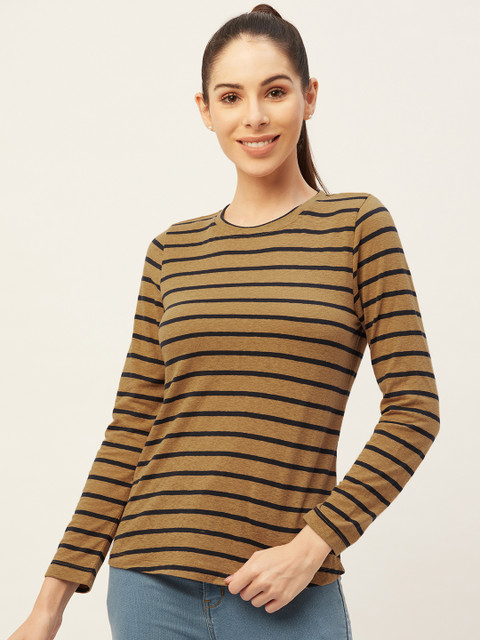 

PIRKO Women Brown & Navy Blue Striped Pure Cotton T-shirt