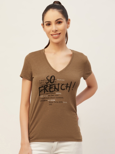 

PIRKO Women Brown Typography Printed V-Neck Pure Cotton T-shirt