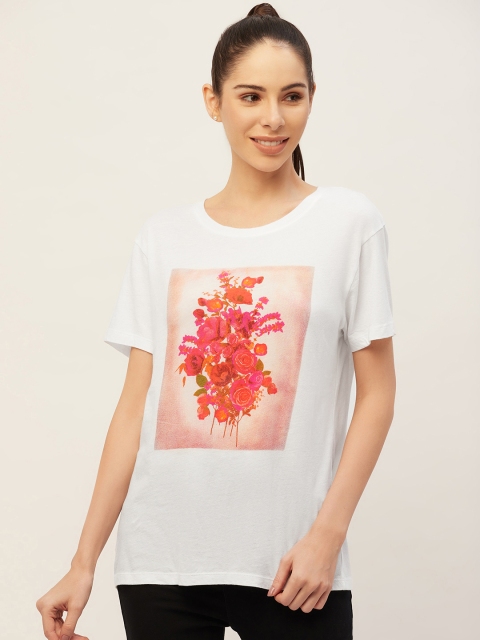 

PIRKO Women White & Peach-Coloured Printed Pure Cotton T-shirt