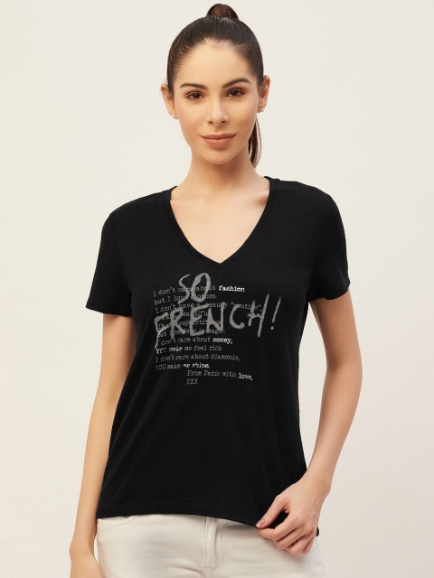 

PIRKO Women Black Typography Printed V-Neck Pure Cotton T-shirt