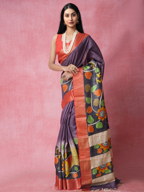 

Unnati Silks Charcoal & Red Floral Pure Silk Tussar Saree