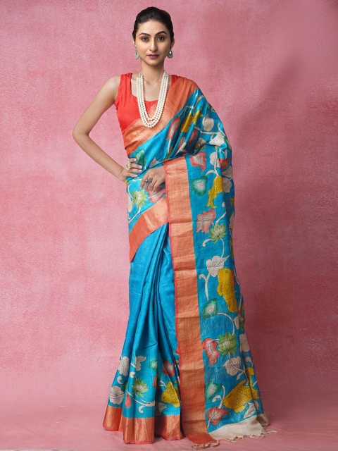 

Unnati Silks Blue & Red Ethnic Motifs Pure Handloom Bengal Silk Tussar Saree