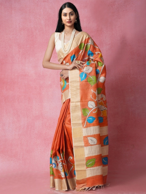 

Unnati Silks Orange & Blue Floral Pure Handloom Sustainable Bengal Fusion Silk Saree