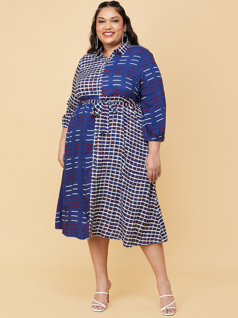

max Women Plus Size Blue Checked Shirt Midi Dress