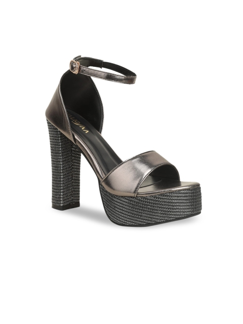 

VALIOSAA Gunmetal-Toned Party Platform Peep Toes with Buckles, Metallic
