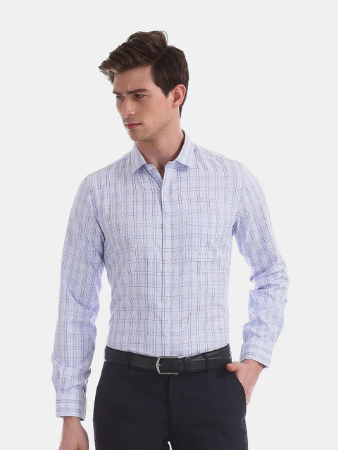 

Excalibur Men Blue Striped Formal Shirt Semi Cut away collar Long sleeves Patch Pocket