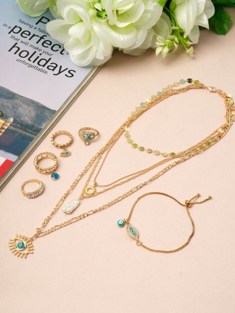 

Ferosh Women Sky Blue & Gold Evil Eye Jewel Set