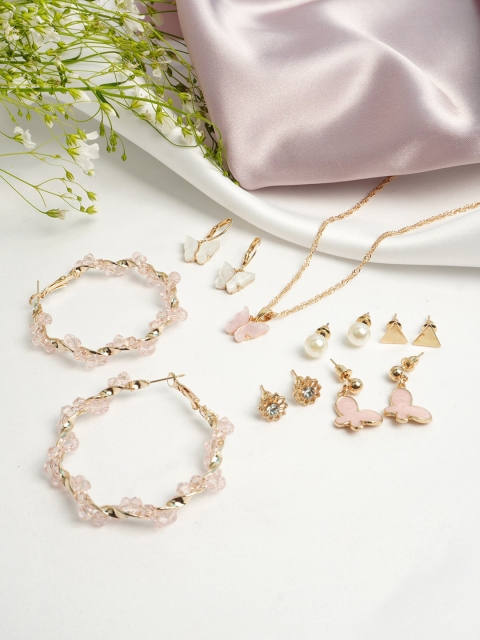 

Ferosh Pink & Gold-Toned Crystal Butterfly Jewellery Set