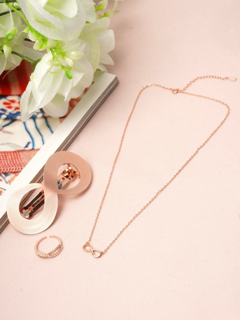 

Ferosh Rose Gold-Toned White Stone Studded & Beaded Infinity Jewellery Set