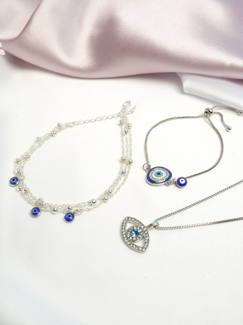 

Ferosh Silver-Toned & Blue Stones-Studded & Beaded Evil Eye Jewellery Set