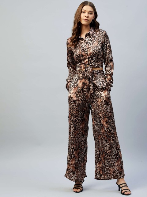 

DELAN Women Brown & Black Leopard Printed Satin Co-Ords Set