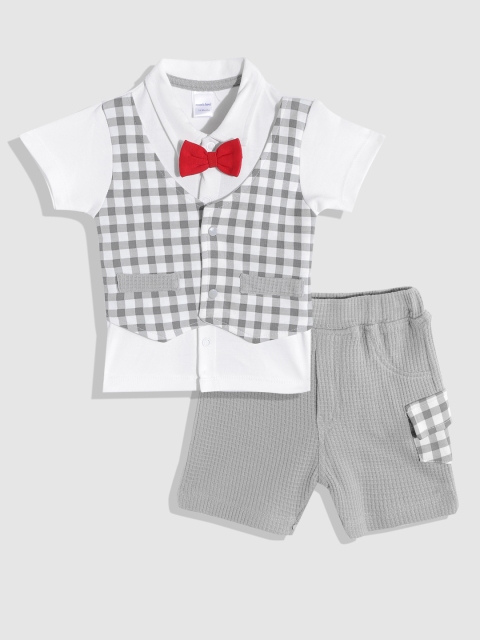 

Moms Love Infant Boys White & Grey Solid Pure Cotton Shirt with Shorts & Waistcoat