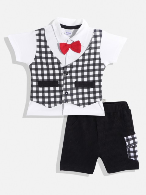 

Moms Love Infant Boys White & Black Solid Pure Cotton Shirt with Shorts & Waistcoat