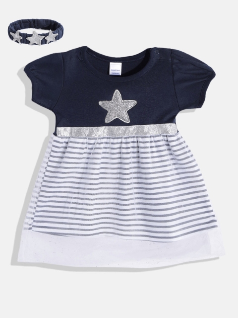 

Moms Love Infant Girls Navy Blue & White Striped Net A-Line Dress & Hairband
