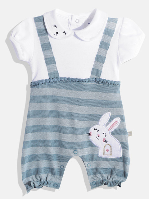 

Moms Love Infant Girls Blue & White Striped Pure Cotton Rompers with Applique