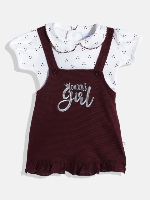 

Moms Love Infant Girls Burgundy & White Self Design Cotton Pinafore Dress & Top
