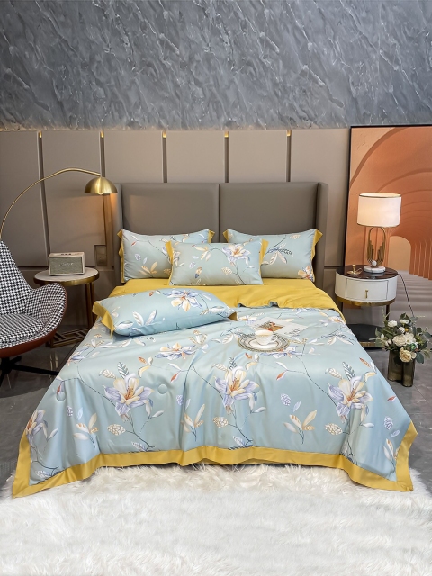 

JC Collection Blue & Yellow Cotton Double King Bedsheet With Pillow Covers & Quilt