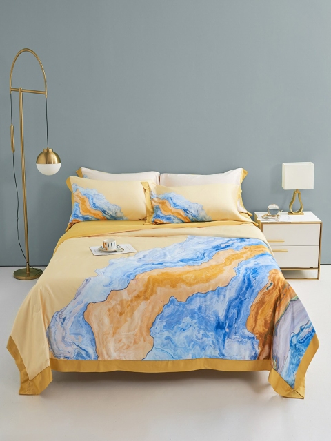 

JC Collection Yellow & Blue Printed Double King Bedding Set With Quilt