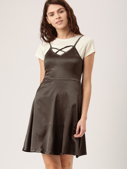

DressBerry Women Brown Solid Satin Finish A-Line Dress