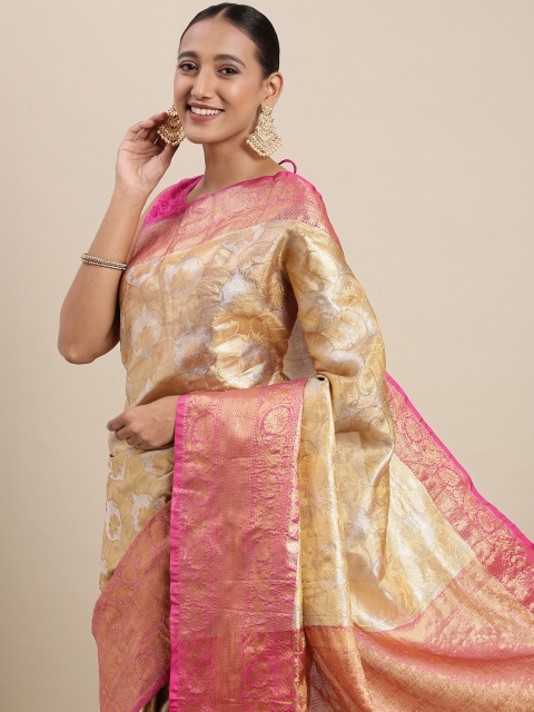 

PERFECTBLUE Golden & Grey Floral Zari Art Silk Kanjeevaram Saree, Gold
