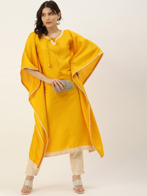 

Somras Women Yellow Embroidered Keyhole Neck Flared Sleeves Gotta Patti Kaftan Kurta