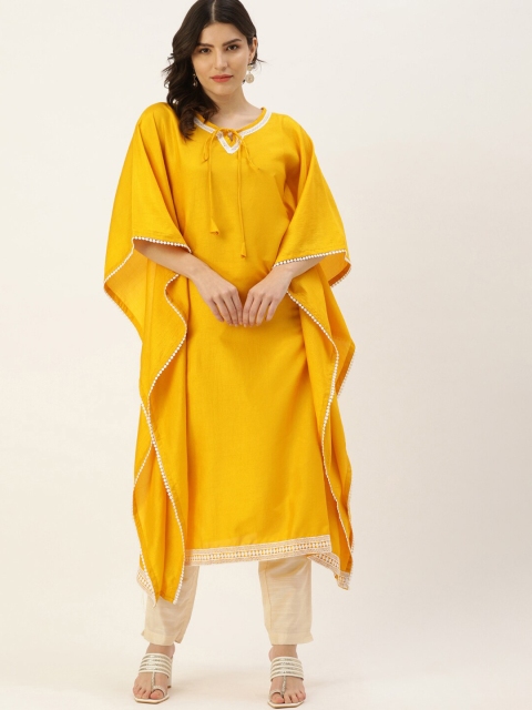 

Somras Women Yellow Embroidered Styled Neck Long Flared Sleeves Kaftan Kurta Tasselled