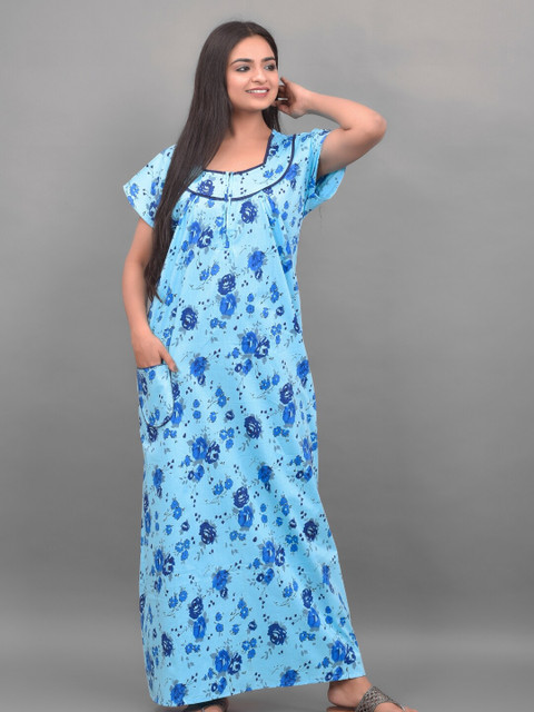 

Apratim Turquoise Blue Printed Pure Cotton Maxi Nightdress