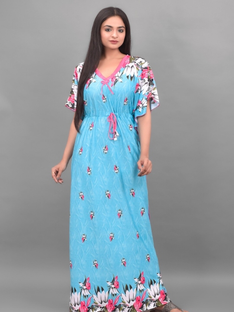 

Apratim Turquoise Blue Printed Pure Cotton Maxi Nightdress