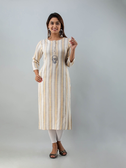 

FASHION DWAR Women White & Cream-Coloured Striped Pure Cotton Thread Work Straight Kurta