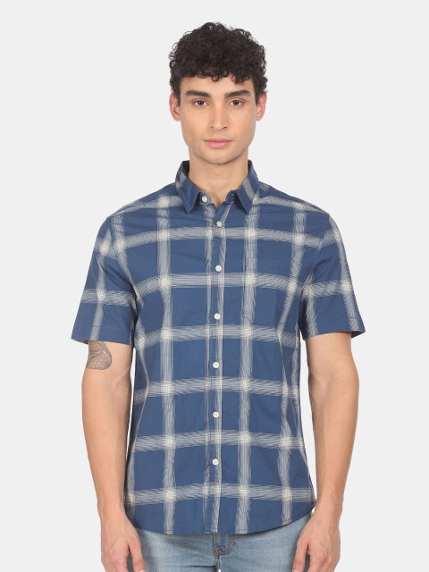 

Ruggers Men Blue Windowpane Checked Casual Shirt