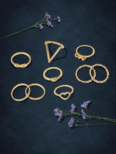 

LYKKEIN Set of 9 Gold-Toned Heart & Bow Design Ring Set