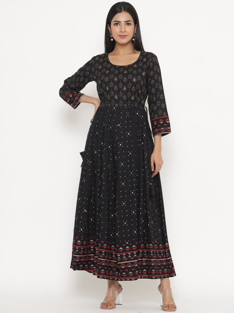

JAVTA Women Grey Ethnic Motifs Printed Flared Sleeves Anarkali Kurta, Black
