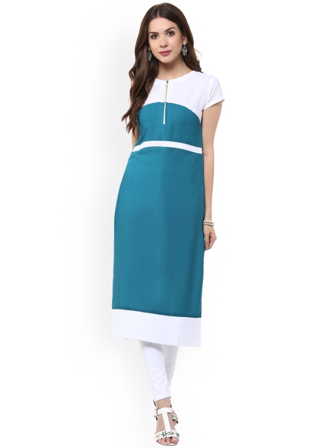 

Janasya Women Blue & White Colourblocked Straight Kurta