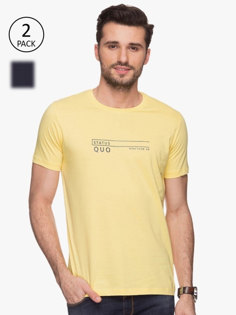

Status Quo Men Navy Blue & Yellow Typography 2 Printed T-shirt