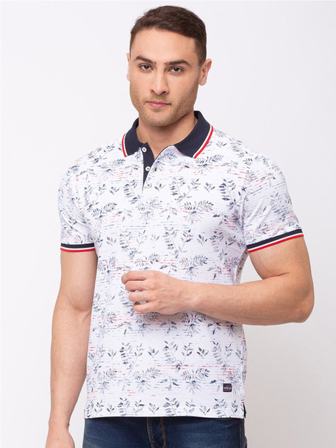 

Status Quo Men White & Navy Blue Floral Printed Polo Collar Cotton T-shirt