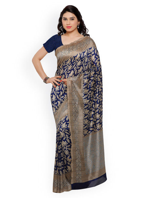 

Satrani Beige & Blue Cotton & Silk Floral Print Saree